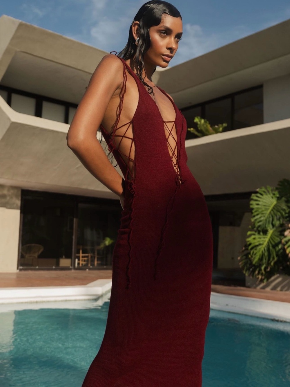 Women's Maxi Dress with Lace-Up Sides - Mocha Color S/M